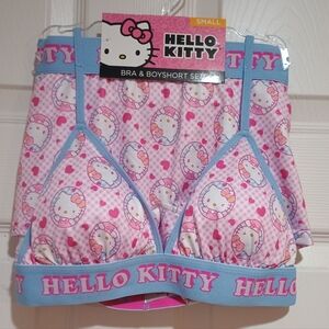 New Juniors Hello Kitty Pink & Light Blue Heart Print Bra & Boyshorts Set Size S
